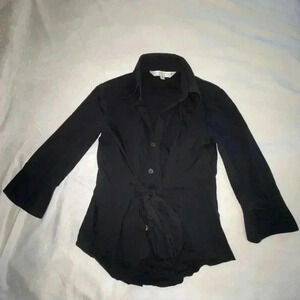 Trina Turk Womens Collared Black Tie Button Up Blouse